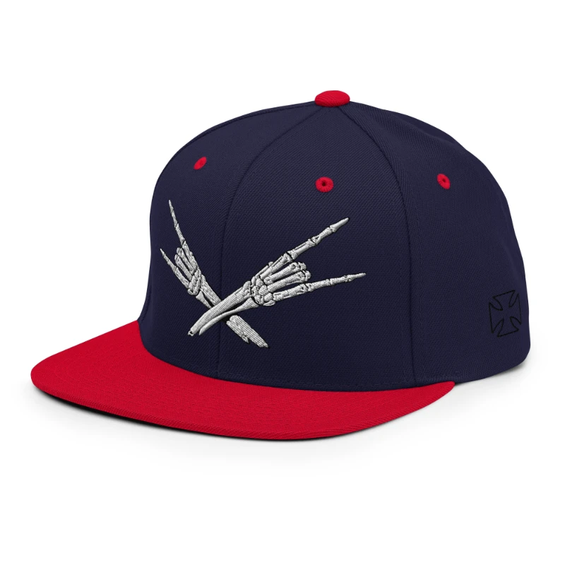 classic-snapback-navy-red-left-front-668eb35d07d97 Metal X Skeleton Hands Multicolour Classic Snapback Hats