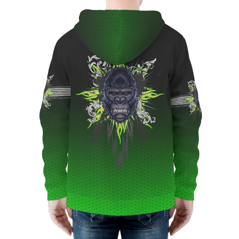 Gorilla Head Men's Classic Zip Up Hoodie Warm Jacket Black & Green