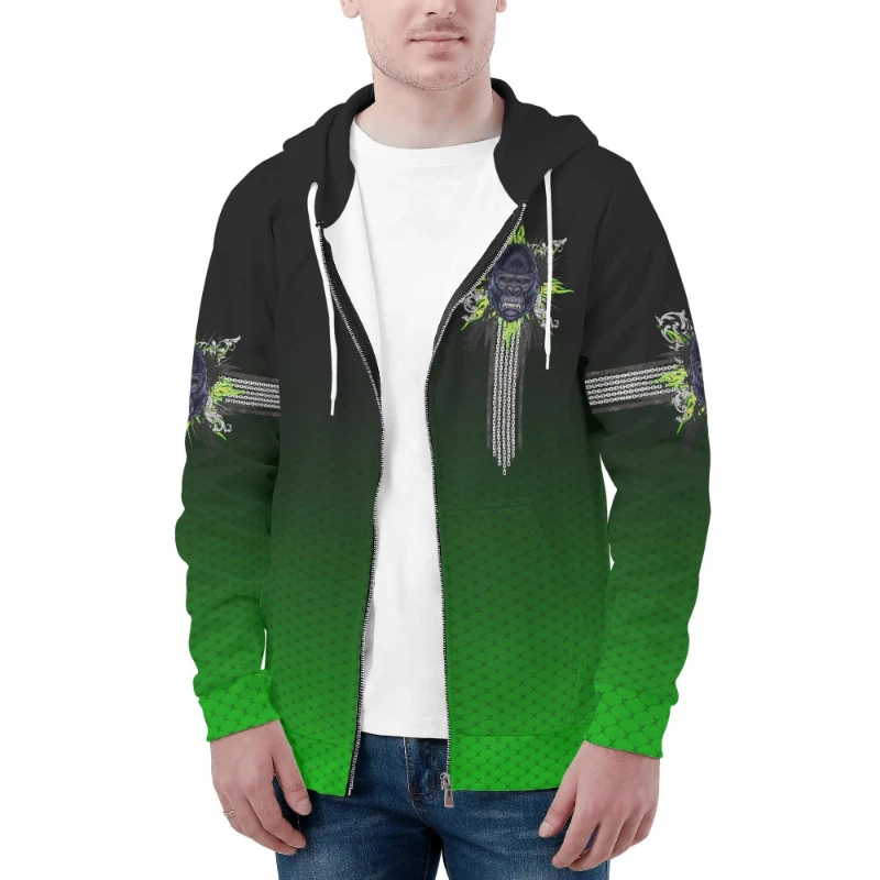 Gorilla Head Men's Classic Zip Up Hoodie Warm Jacket Black & Green