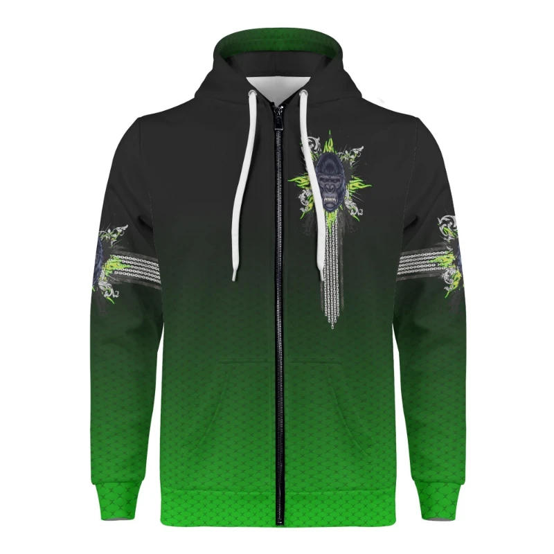 Gorilla Head Men's Classic Zip Up Hoodie Warm Jacket Black & Green