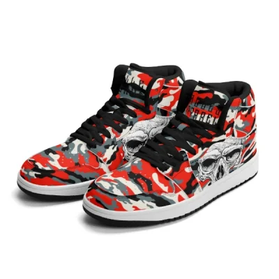 Red Camouflage & Skull Men's Premium PU Leather High Top Sneakers-V2
