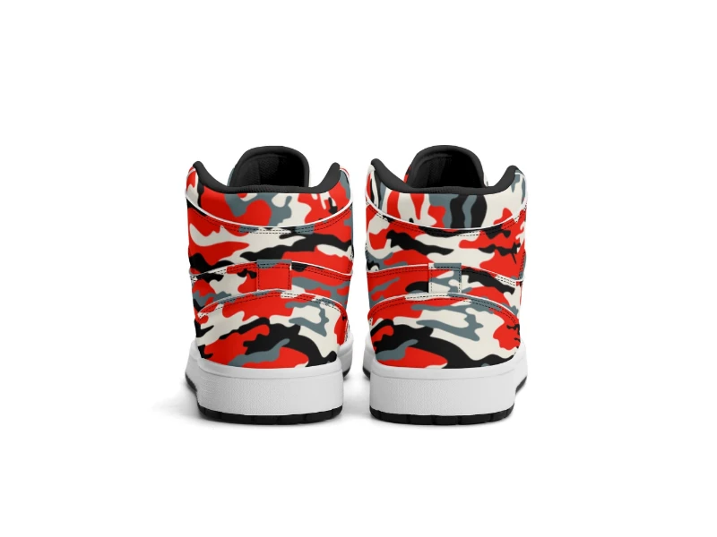 Red Camouflage & Skull Men's Premium PU Leather High Top Sneakers-V2