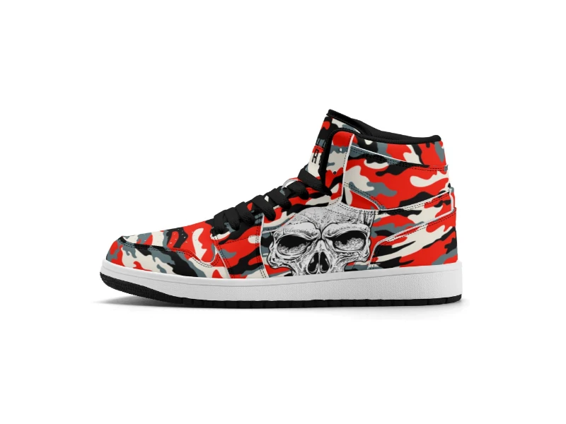Red Camouflage & Skull Men's Premium PU Leather High Top Sneakers-V2