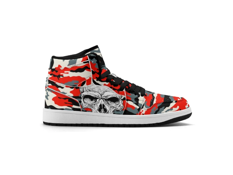 Red Camouflage & Skull Men's Premium PU Leather High Top Sneakers-V2