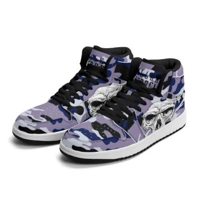 Dark Blue Camouflage & Skull Men's Premium PU Leather High Top Sneakers-V2