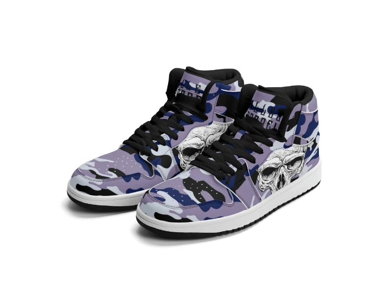 Dark Blue Camouflage & Skull Men's Premium PU Leather High Top Sneakers-V2