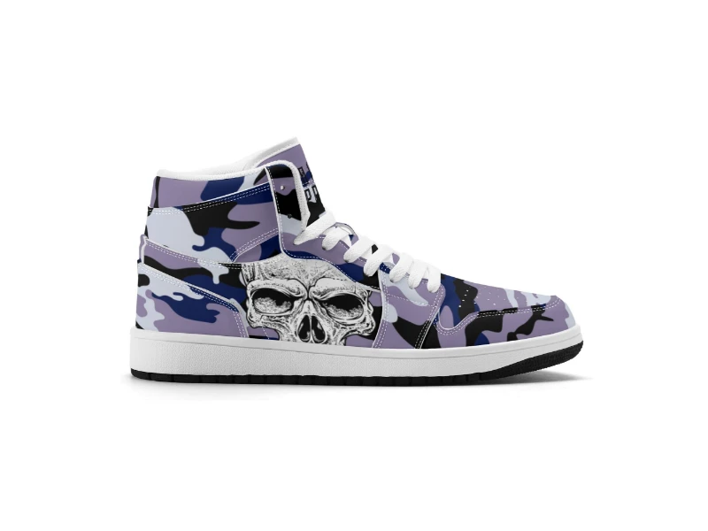 Dark Blue Camouflage & Skull Men's Premium PU Leather High Top Sneakers-V2