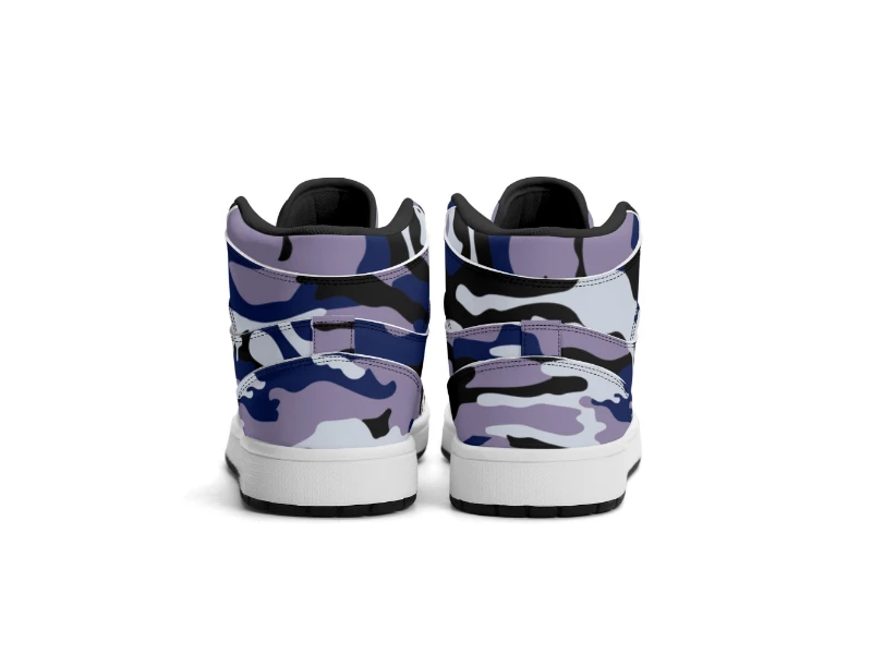 Dark Blue Camouflage & Skull Men's Premium PU Leather High Top Sneakers-V2
