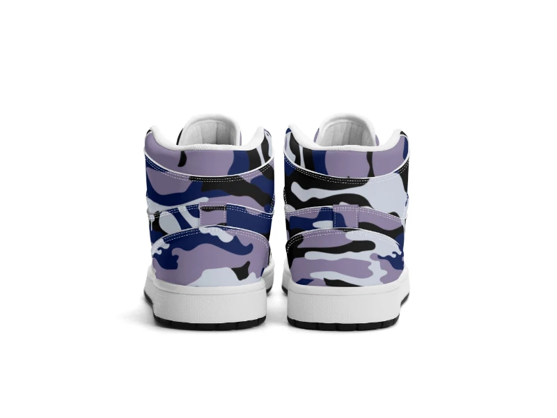 Dark Blue Camouflage & Skull Men's Premium PU Leather High Top Sneakers-V2