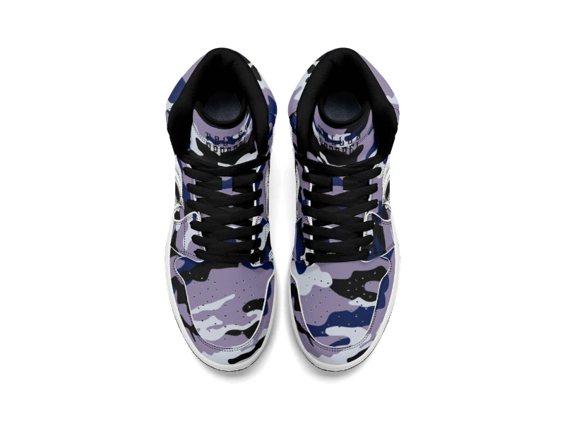 Dark Blue Camouflage & Skull Men's Premium PU Leather High Top Sneakers-V2