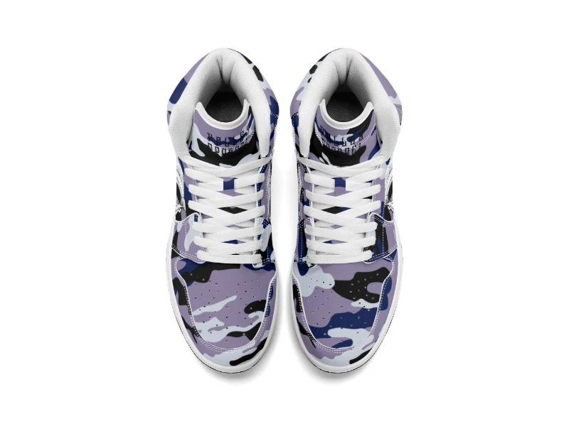 Dark Blue Camouflage & Skull Men's Premium PU Leather High Top Sneakers-V2