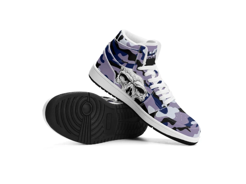 Dark Blue Camouflage & Skull Men's Premium PU Leather High Top Sneakers-V2
