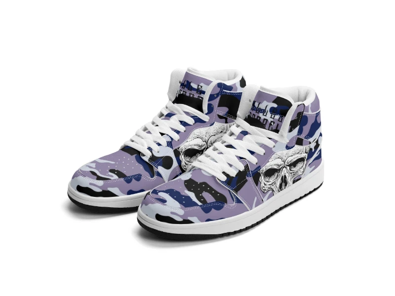 Dark Blue Camouflage & Skull Men's Premium PU Leather High Top Sneakers-V2