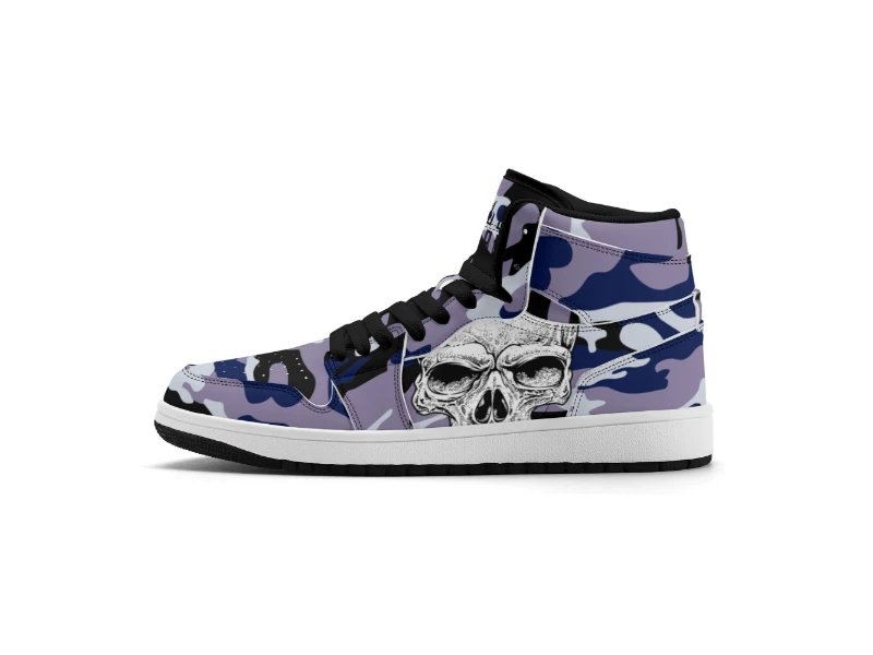 Dark Blue Camouflage & Skull Men's Premium PU Leather High Top Sneakers-V2