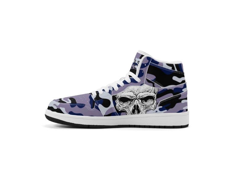 Dark Blue Camouflage & Skull Men's Premium PU Leather High Top Sneakers-V2