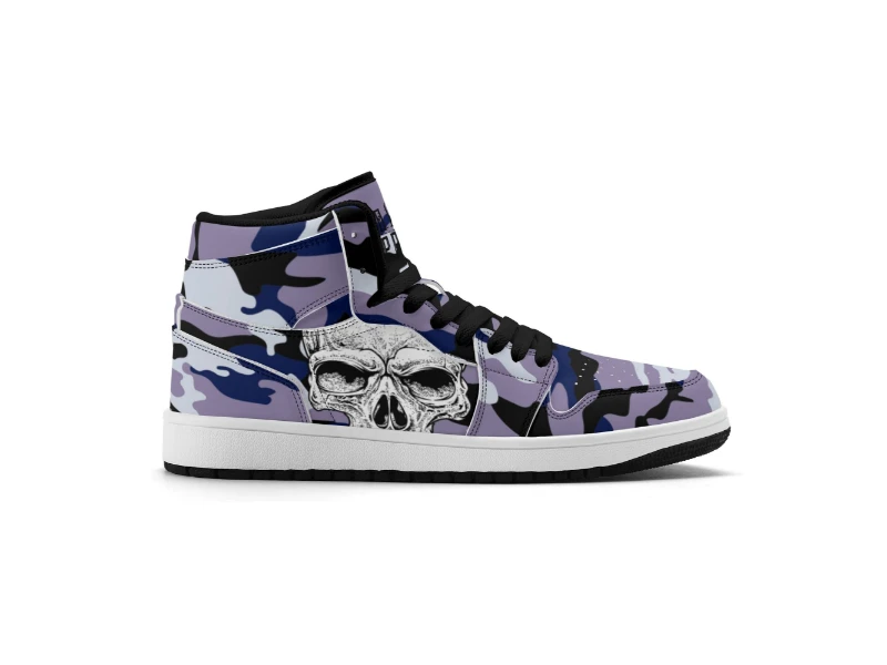 Dark Blue Camouflage & Skull Men's Premium PU Leather High Top Sneakers-V2