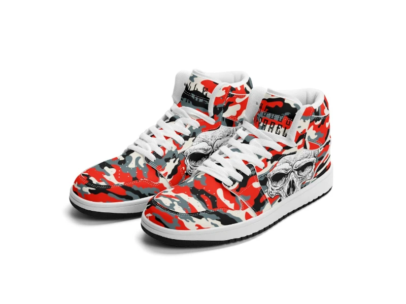 Red Camouflage & Skull Men's Premium PU Leather High Top Sneakers-V2