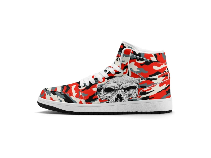 Red Camouflage & Skull Men's Premium PU Leather High Top Sneakers-V2