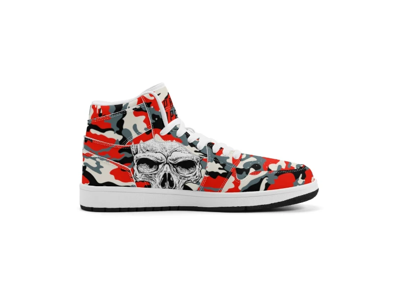 Red Camouflage & Skull Men's Premium PU Leather High Top Sneakers-V2
