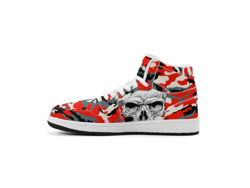 Red Camouflage & Skull Men's Premium PU Leather High Top Sneakers-V2