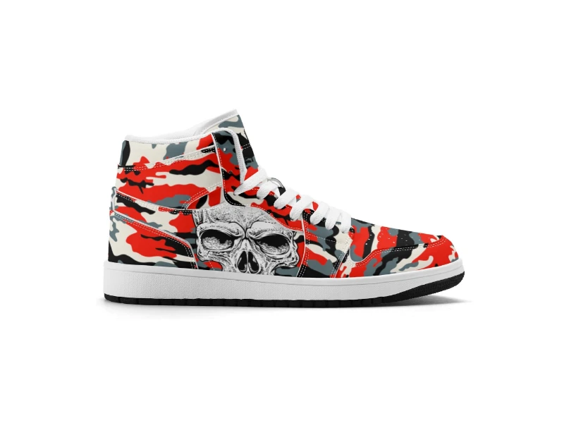 Red Camouflage & Skull Men's Premium PU Leather High Top Sneakers-V2