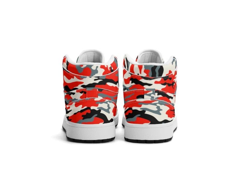 Red Camouflage & Skull Men's Premium PU Leather High Top Sneakers-V2