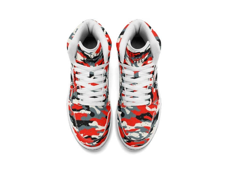 Red Camouflage & Skull Men's Premium PU Leather High Top Sneakers-V2