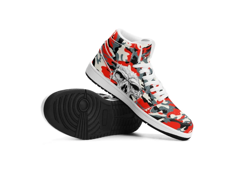 Red Camouflage & Skull Men's Premium PU Leather High Top Sneakers-V2